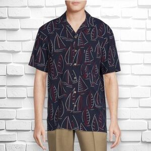 George Men’s Large Navy Blue Nautical Sailboats Short Sleeve Button Down Shirt